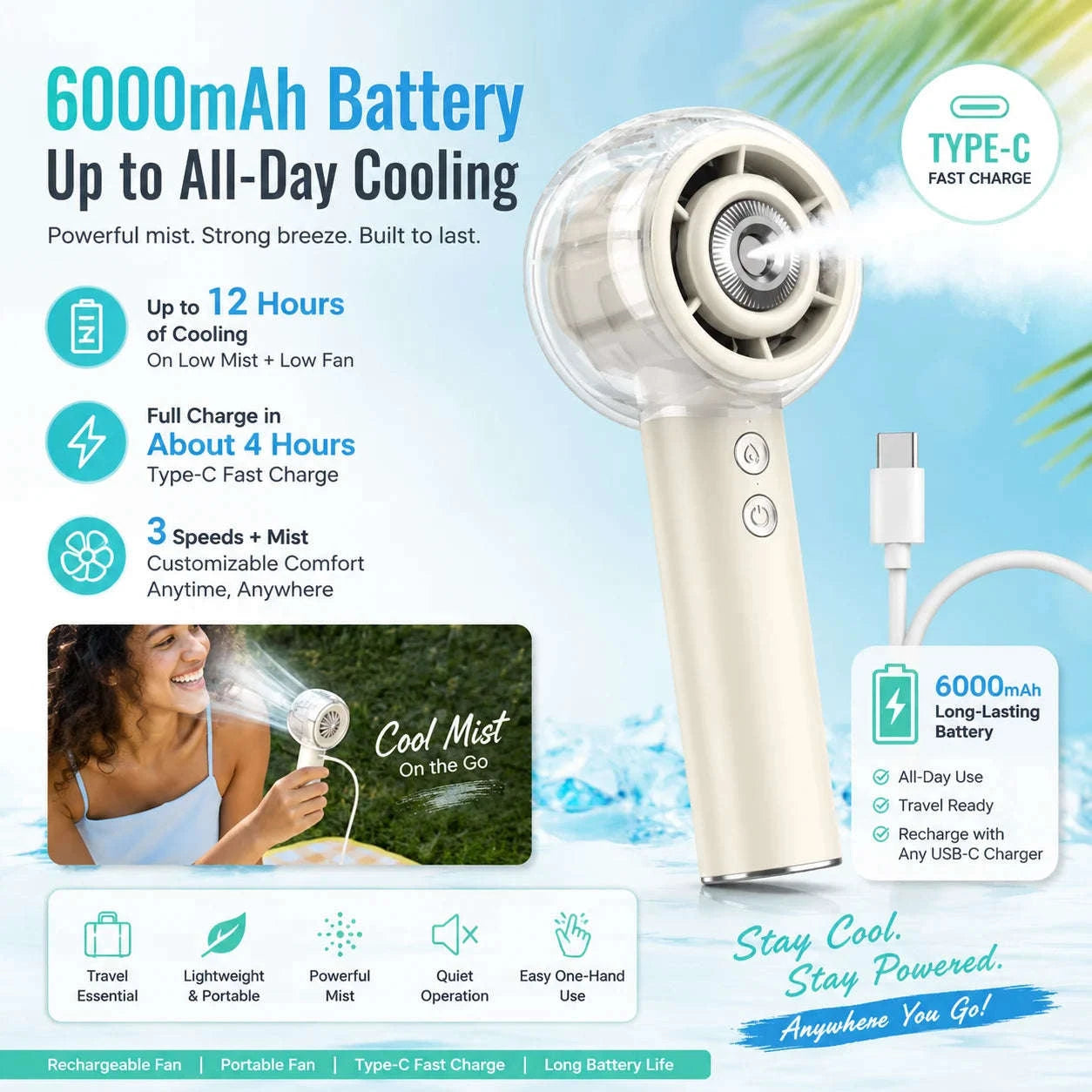 Misting Portable Handheld Fan 6000mAh Rechargeable 4 Speeds-khaki / United States