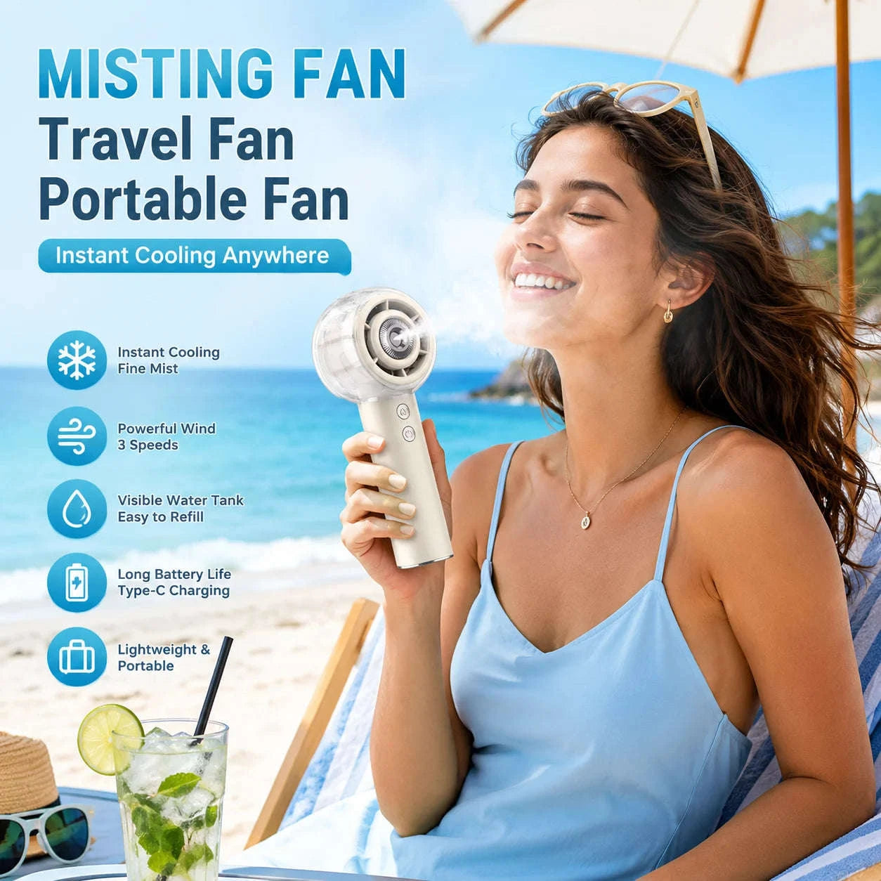 Misting Portable Handheld Fan 6000mAh Rechargeable 4 Speeds-khaki / United States