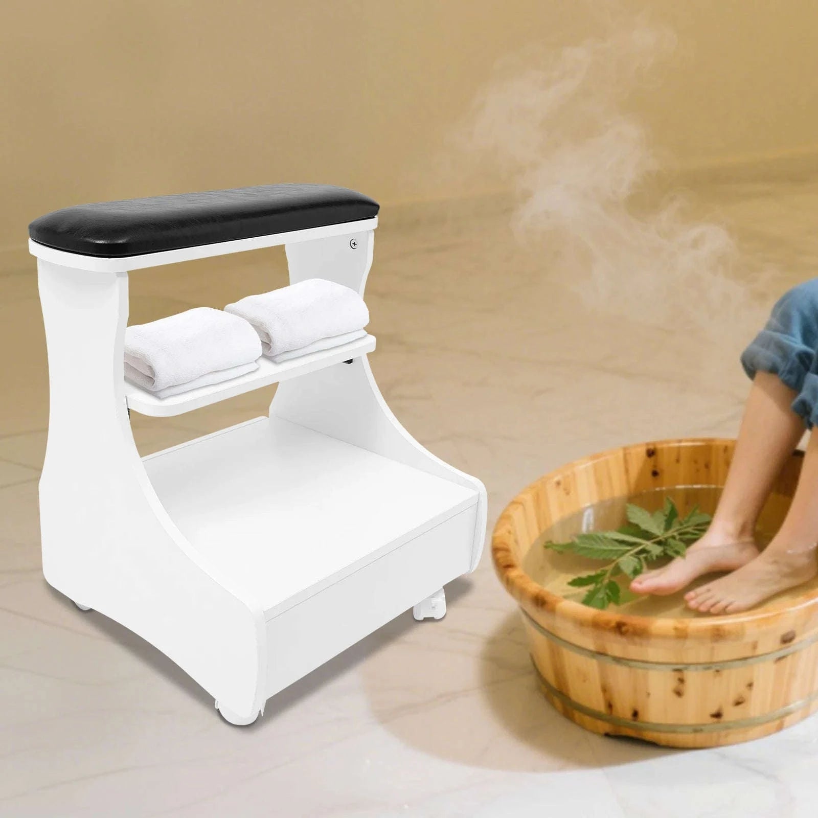 Mobile Foot Bath Trolley Stand with Lockable Casters, Storage Drawer and Soft Cushion-WHITE / United States