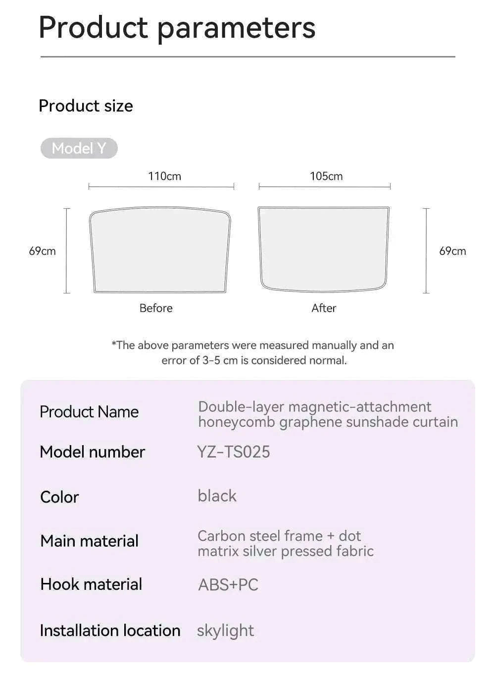 Model 3 Y Skylight Sunshade Magnetic Panel 2025-2026-MY 25-26 2PCS