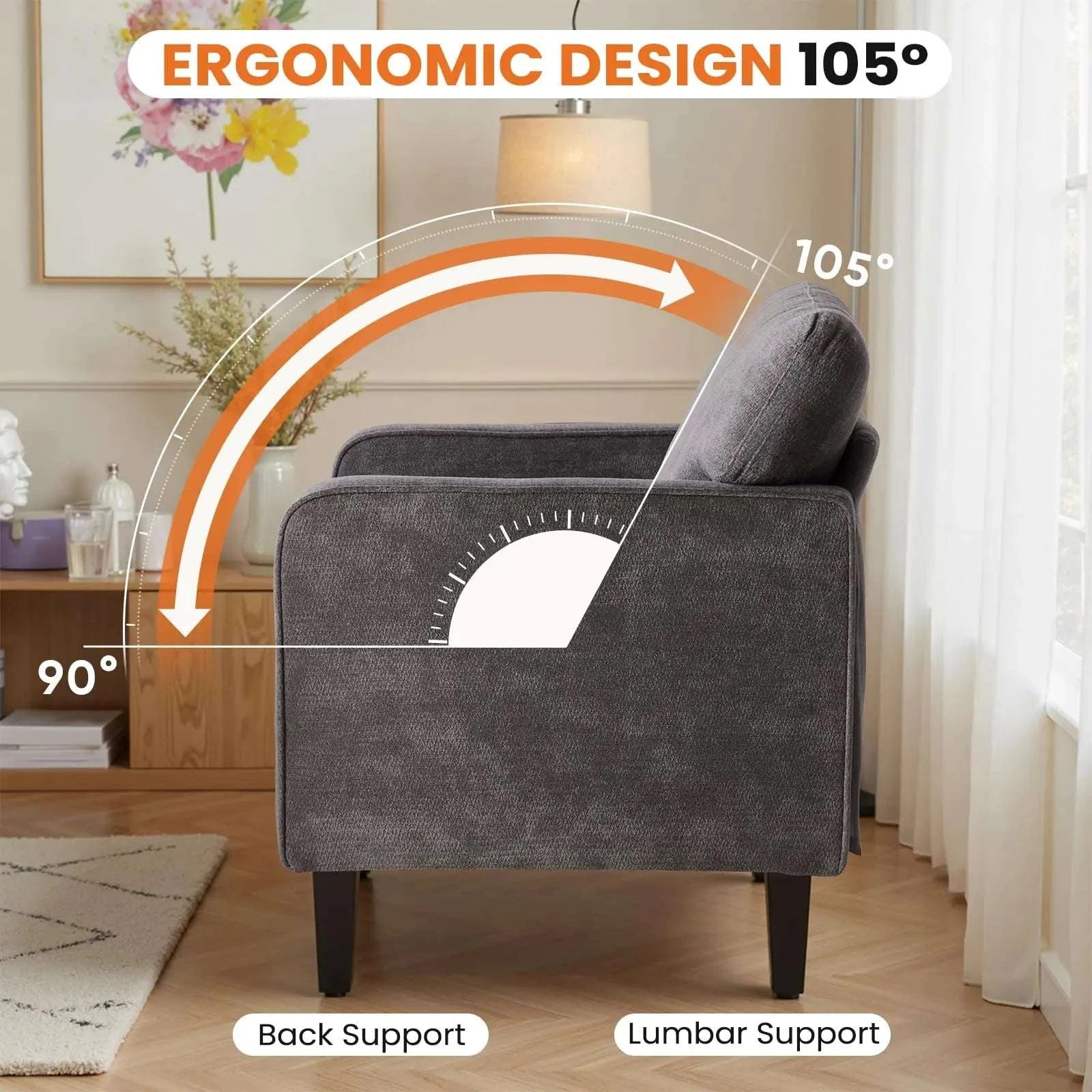 Modern Accent Lounge Chair with Armrests and Ergonomic Backrest-LIGHT GRAY / United States