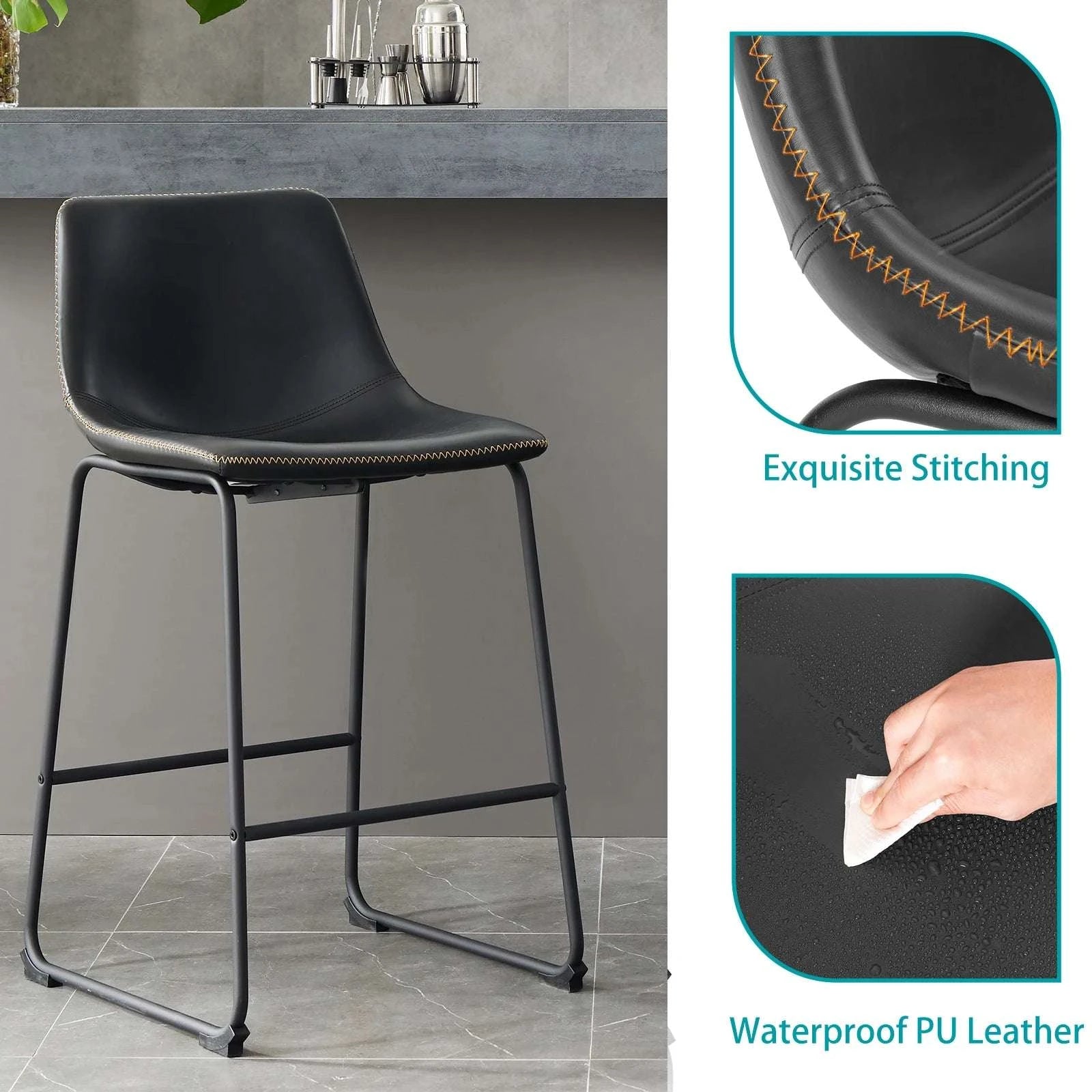 Modern Faux Leather Counter Height Bar Stools Set of 2 with Back-bar stool BK / United States