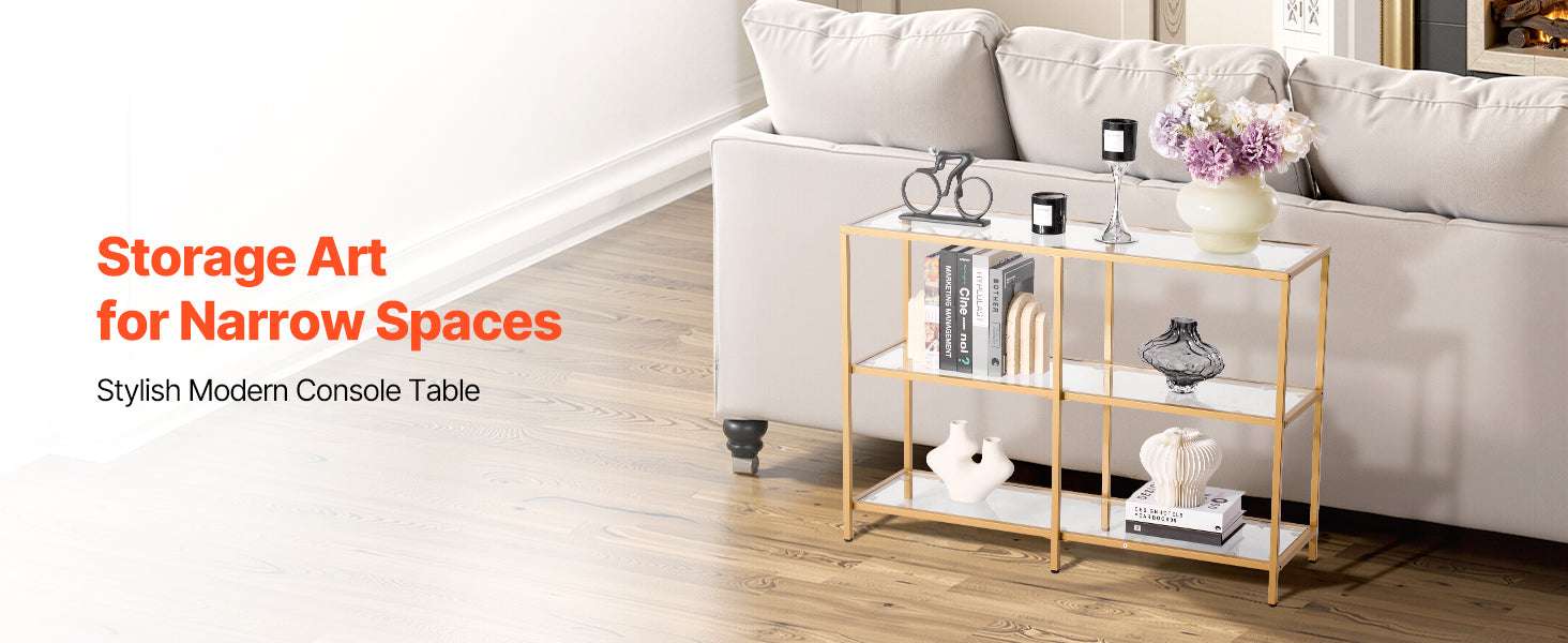 Modern Glass Console Table with Metal Frame, Multi-Tier Storage-70in 3Tiers Gold / spain