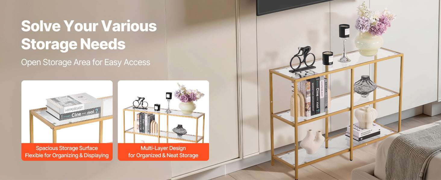 Modern Glass Console Table with Metal Frame, Multi-Tier Storage-70in 3Tiers Gold / spain