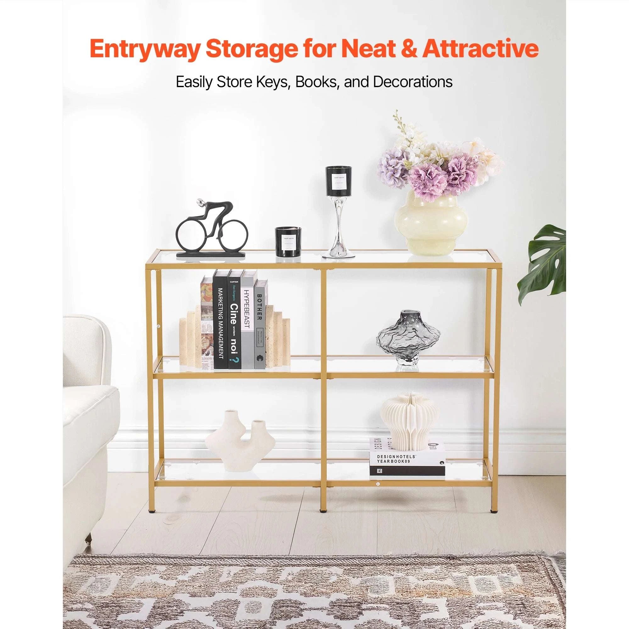 Modern Glass Console Table with Metal Frame, Multi-Tier Storage-70in 3Tiers Gold / spain