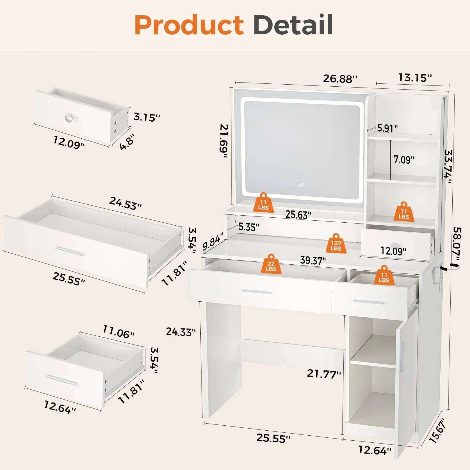 Modern Makeup Vanity Desk with Lighted Mirror, Storage & Charging-WHITE / United States