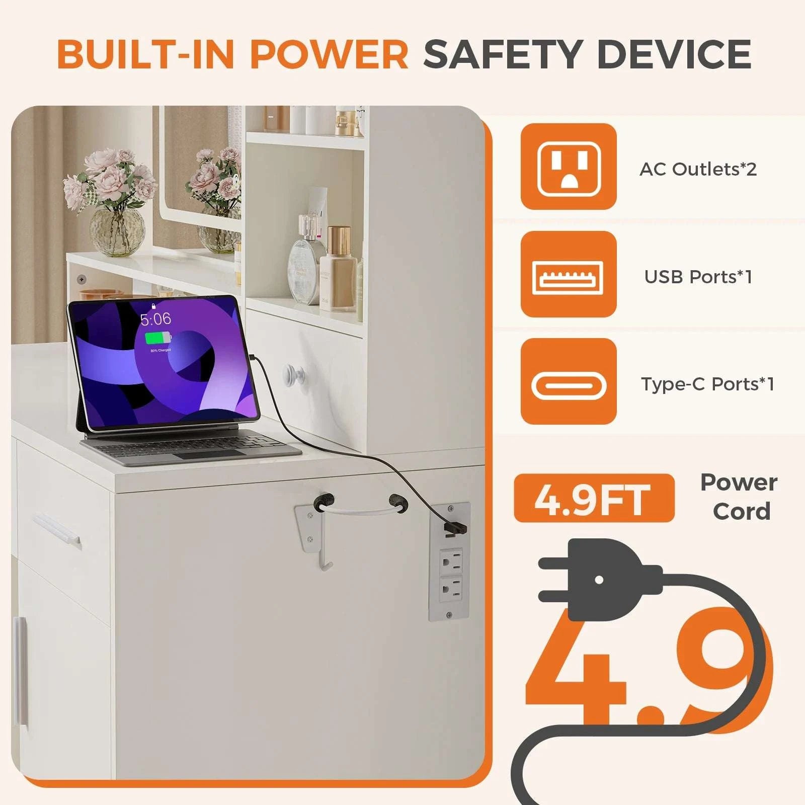 Modern Makeup Vanity Desk with Lighted Mirror, Storage & Charging-WHITE / United States