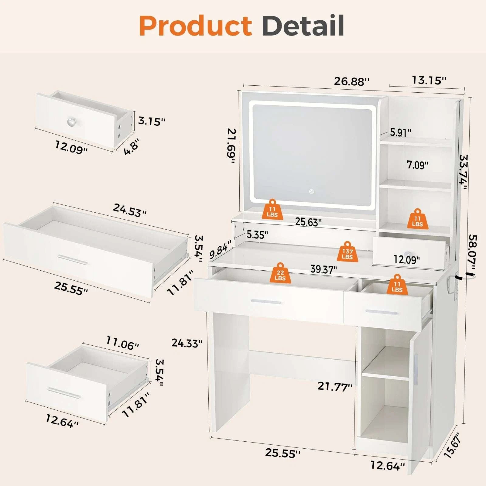 Modern Makeup Vanity Desk with Lighted Mirror, Storage & Charging-WHITE / United States