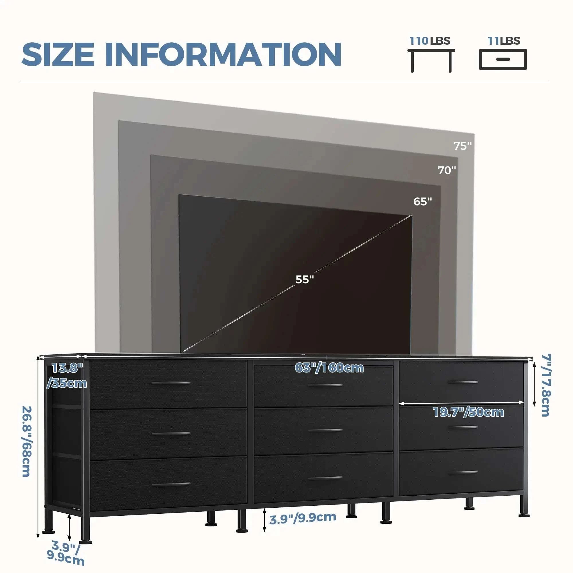 Modern TV Stand with 9 Fabric Drawers for Up to 75 Inch TVs-Rust / United States
