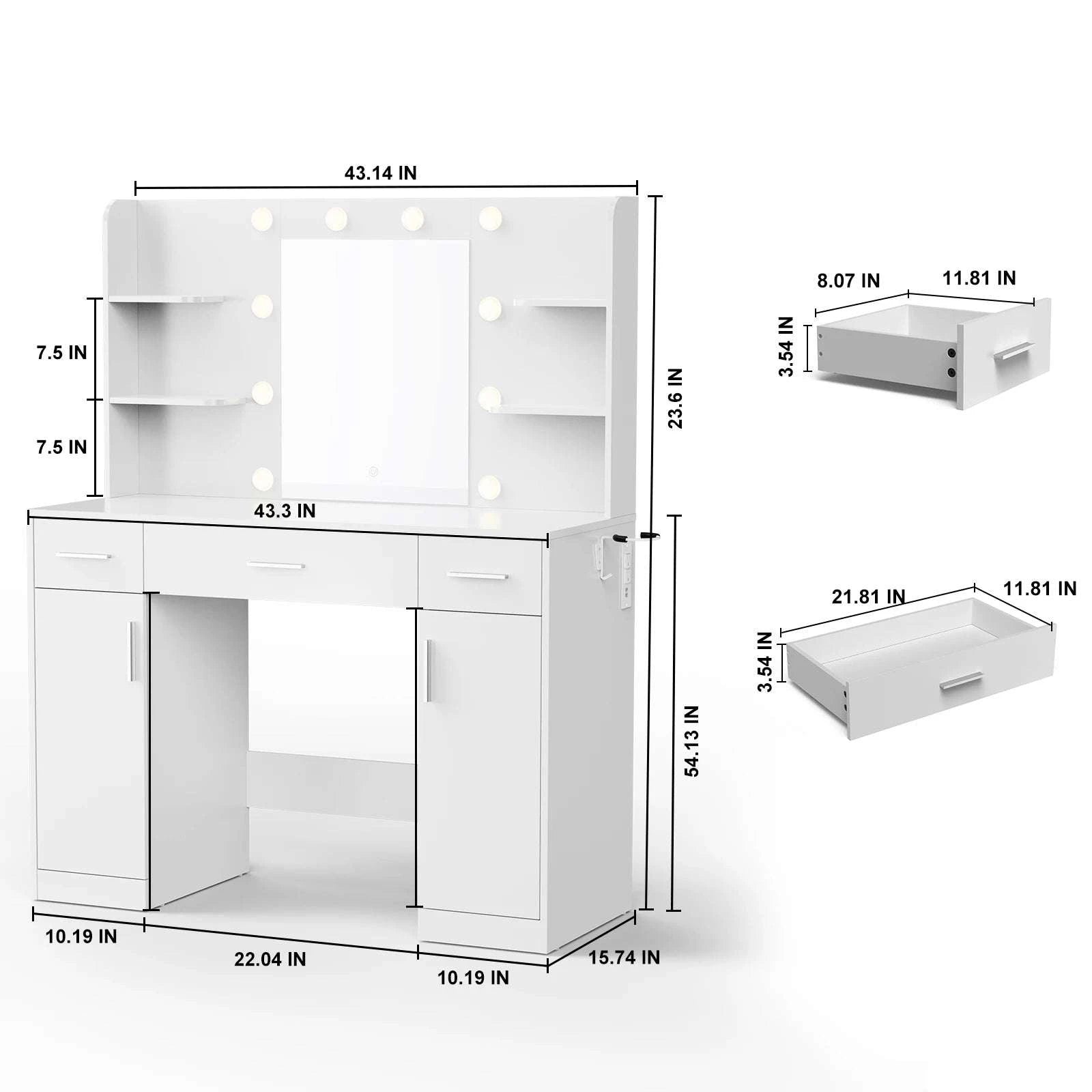 Modern Vanity Desk with Mirror Lights, Storage Cabinets & Drawers-2 draws / United States