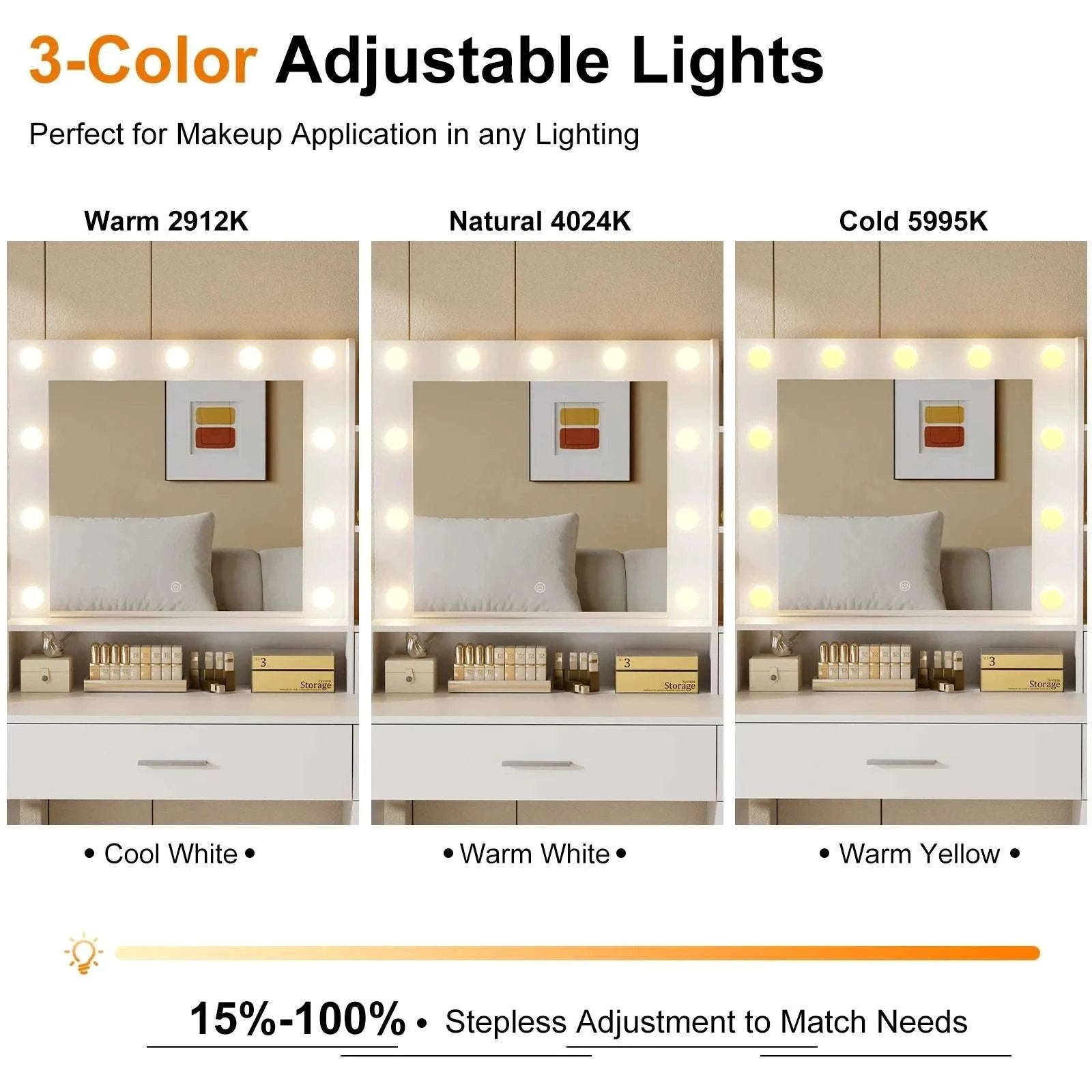 Modern Vanity Desk with Mirror Lights, Storage Cabinets & Drawers-2 draws / United States