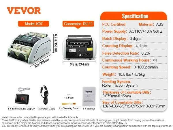 Money Counter Machine 1000 Bills/Min with UV MG IR Detection-Gray / United States