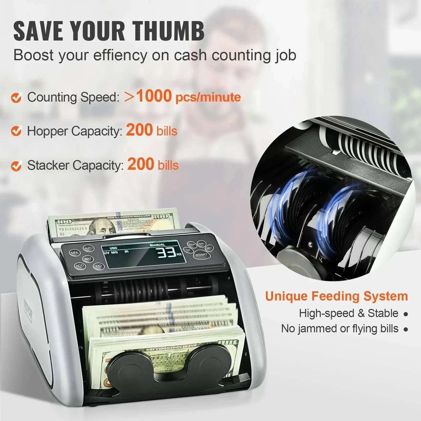 Money Counter Machine 1000 Bills/Min with UV MG IR Detection-Gray / United States