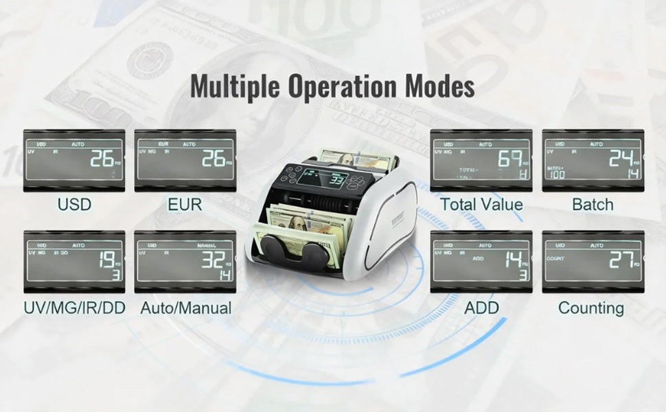 Money Counter Machine with UV MG IR Detection, 1000 Bills/Min