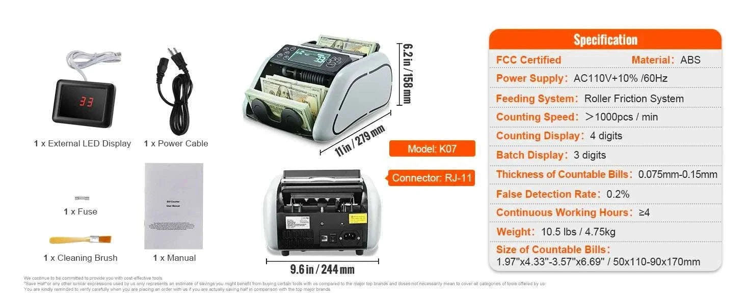 Money Counter Machine with UV MG IR Detection, 1000 Bills/Min-Gray / GERMANY