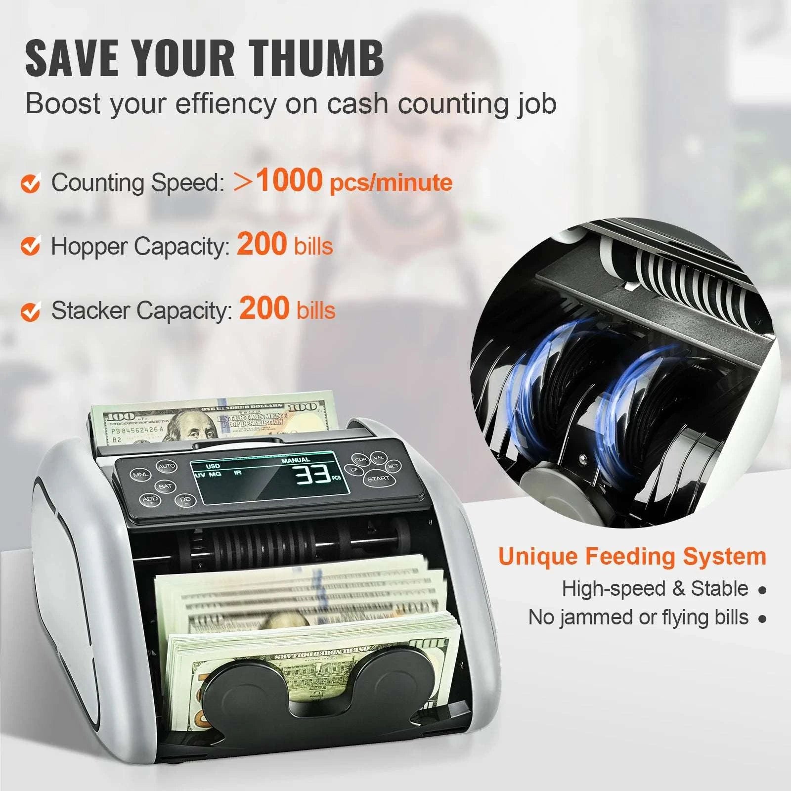 Money Counter Machine with UV MG IR Detection, 1000 Bills/Min-Gray / GERMANY