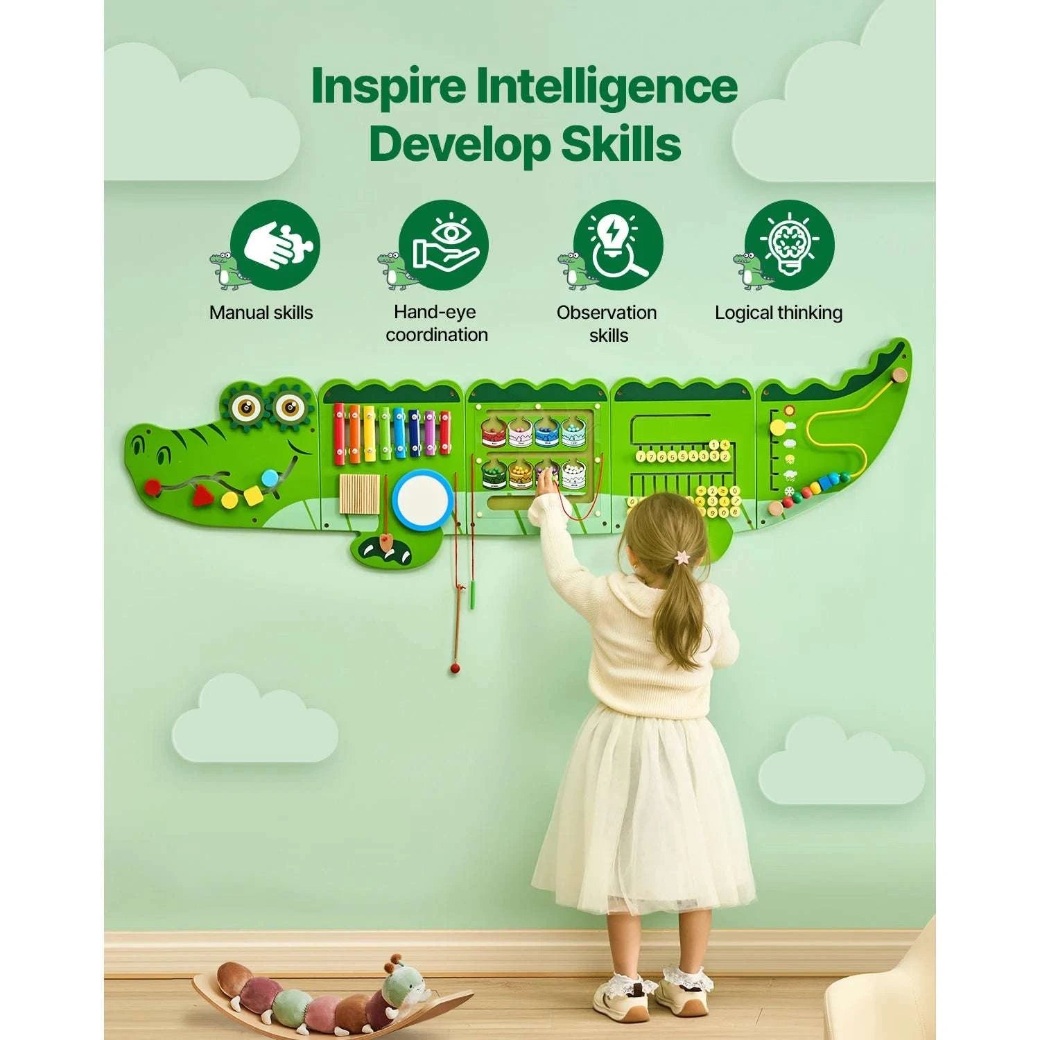 Montessori Activity Wall Panel with 9 Games Crocodile Busy Board-Crocodile / United States