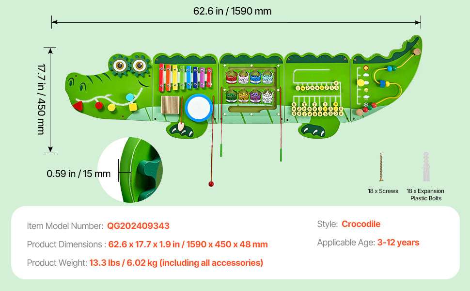 Montessori Activity Wall Panel with 9 Games Crocodile Busy Board-Crocodile / United States