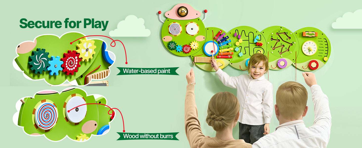 Montessori Wall Busy Board for Kids – 12 Activity Sensory Panel-Caterpillar / United States
