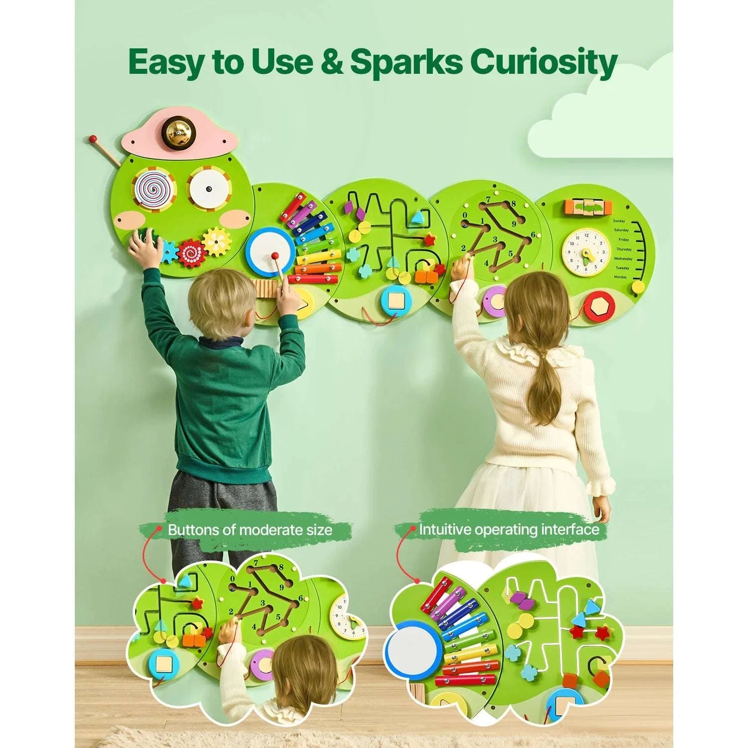 Montessori Wall Busy Board for Kids – 12 Activity Sensory Panel-Caterpillar / United States