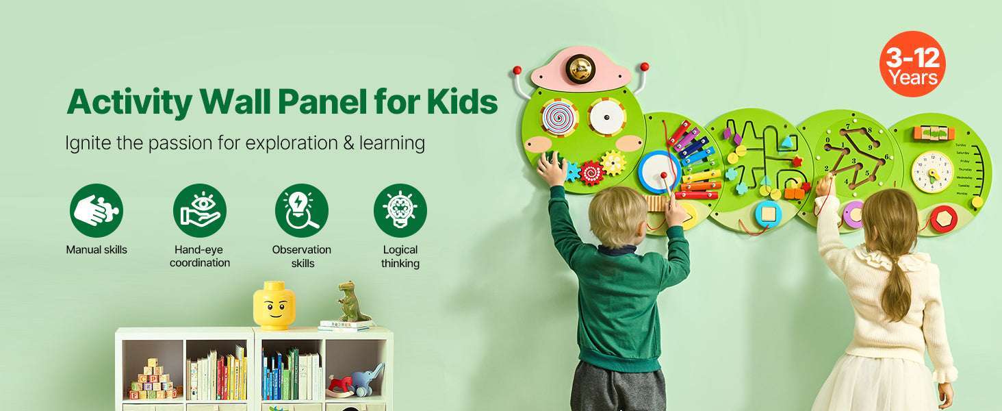 Montessori Wall Busy Board for Kids – 12 Activity Sensory Panel-Caterpillar / United States