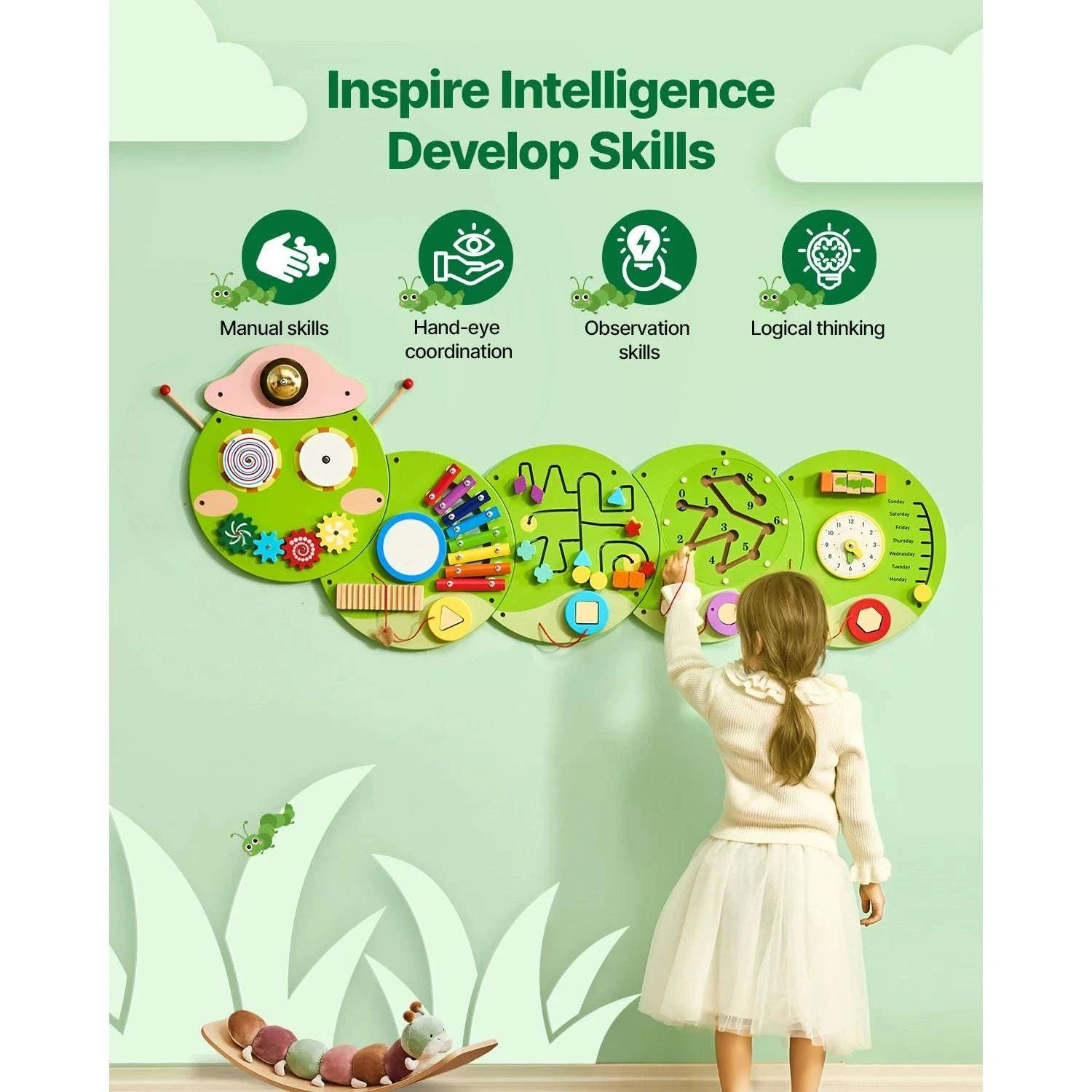 Montessori Wall Busy Board for Kids – 12 Activity Sensory Panel-Caterpillar / United States
