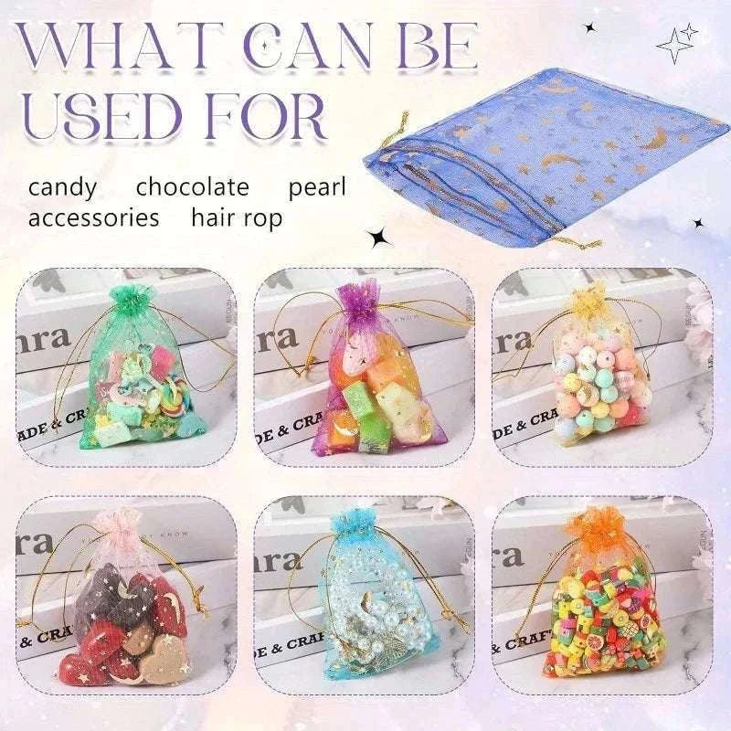 Moon Stars Organza Drawstring Gift Bags, 50-Pack-Multicolor-50PCS / 9x12cm-3.5x4.7in
