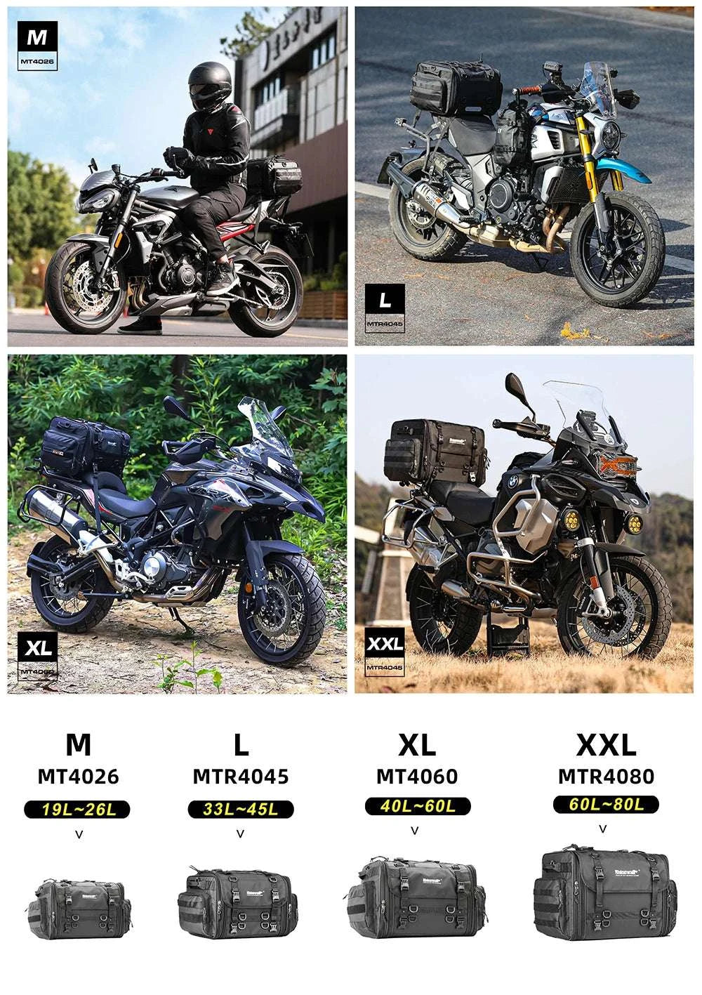 Motorcycle Tail Bag Expandable Luggage 19L–80L Rack Trunk Storage-M 19L-26L Black