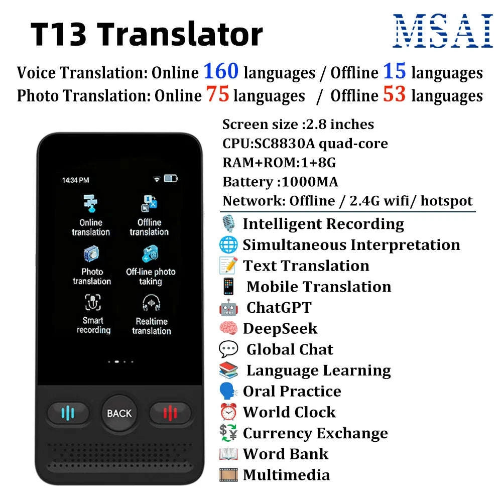 MSAI T13 AI Translator with 160-Language Support-T13