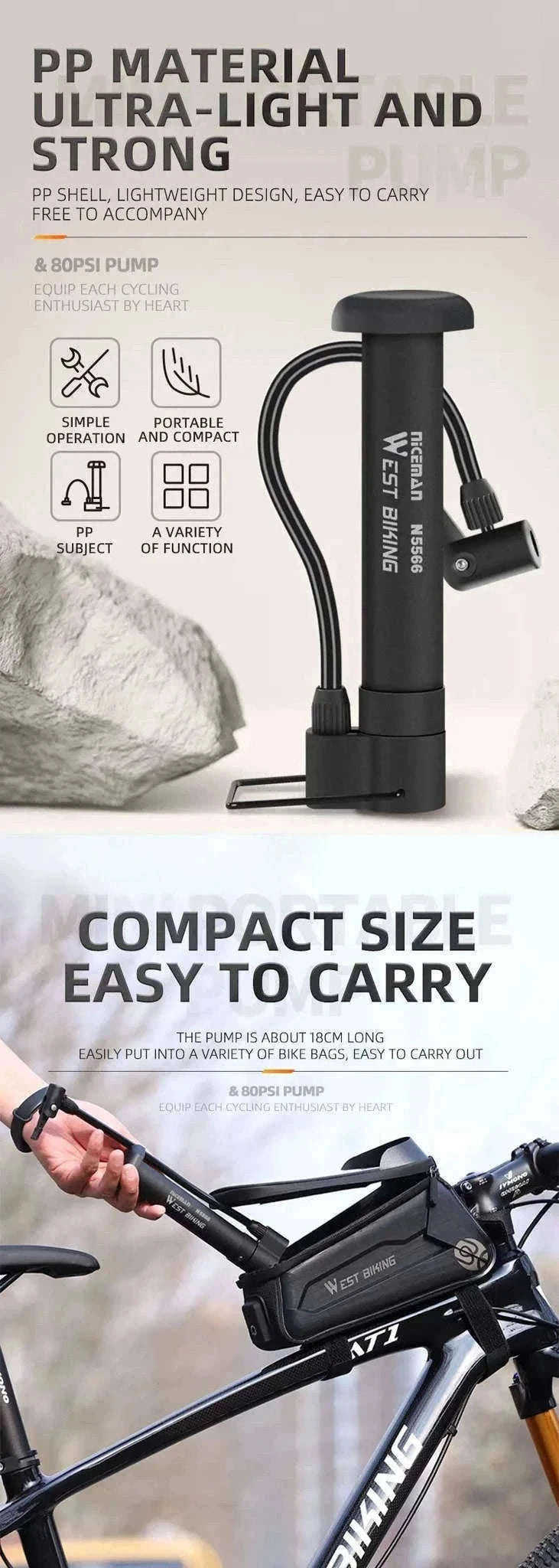 MTB Bicycle Pump 80 PSI Manual Floor Inflator-black