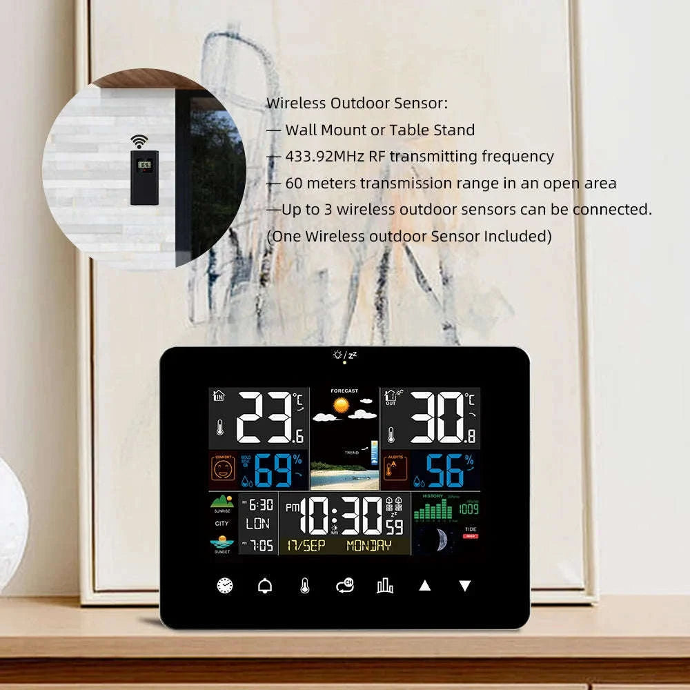 Multifunctional Weather Station Alarm Clock with Wireless Sensor-Black Sensor