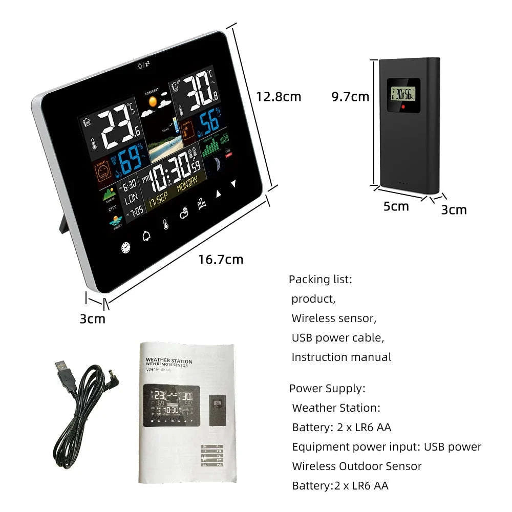Multifunctional Weather Station Alarm Clock with Wireless Sensor-Black Sensor