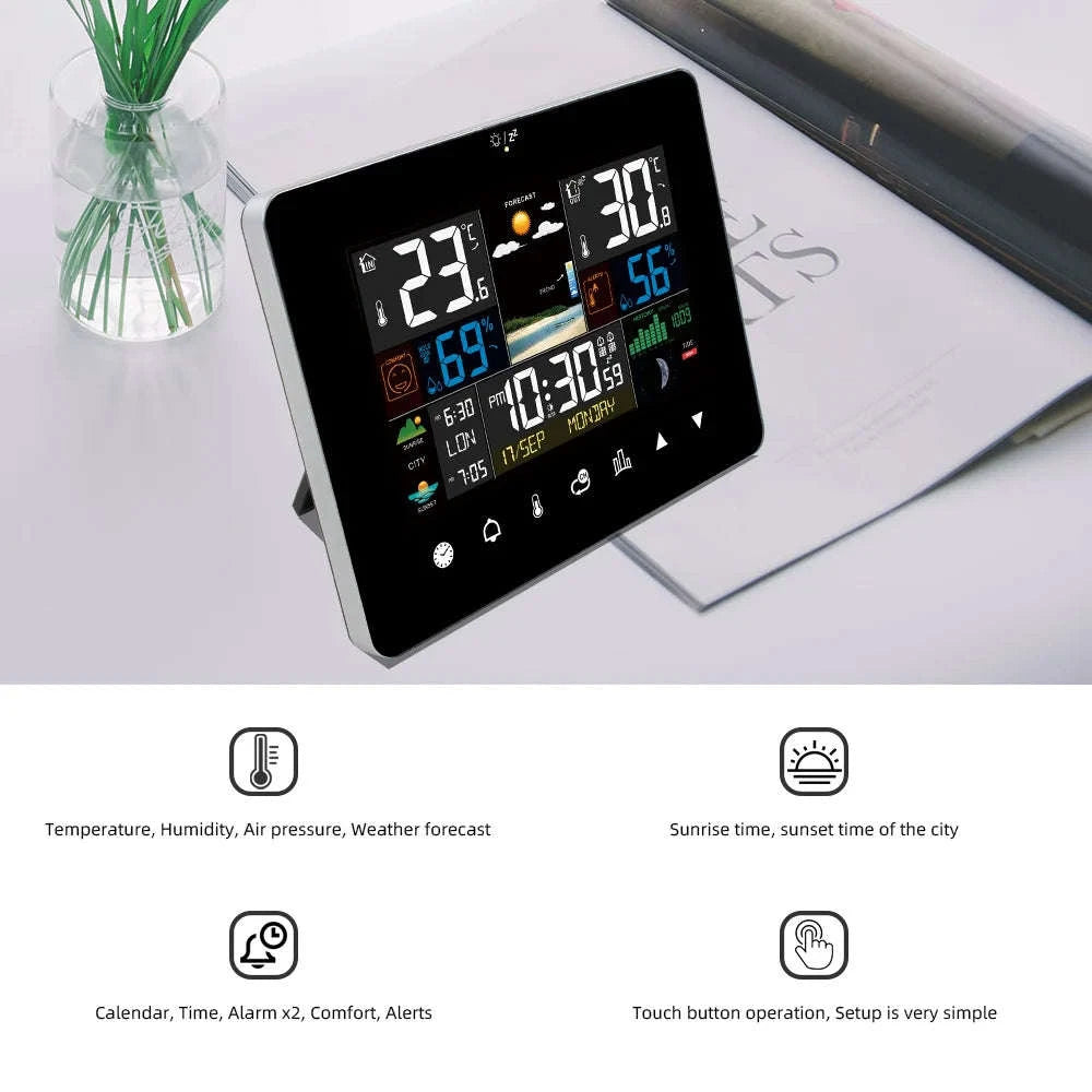 Multifunctional Weather Station Alarm Clock with Wireless Sensor-Black Sensor