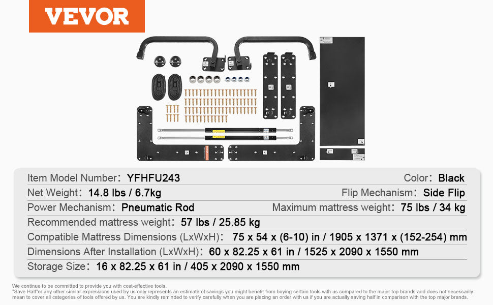 Kit de lit escamotable Murphy SucceBuy taille complète, orientation verticale, deluxe, bricolage, mécanisme mural, pneumatique, levier, cadre robuste pour chambre d'amis