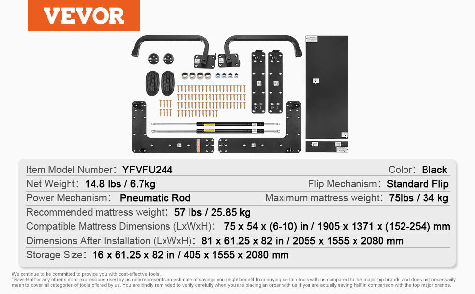 Kit de lit escamotable Murphy SucceBuy taille complète, orientation verticale, deluxe, bricolage, mécanisme mural, pneumatique, levier, cadre robuste pour chambre d'amis