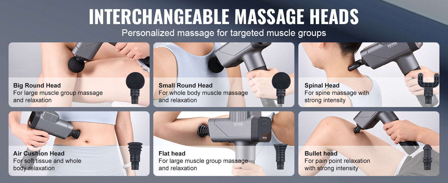 Dybdemassagepistol med 8 hastigheder og 6 hoveder til muskelafslapning