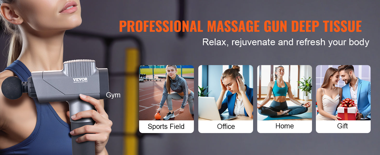 Dybdemassagepistol med 8 hastigheder og 6 hoveder til muskelafslapning