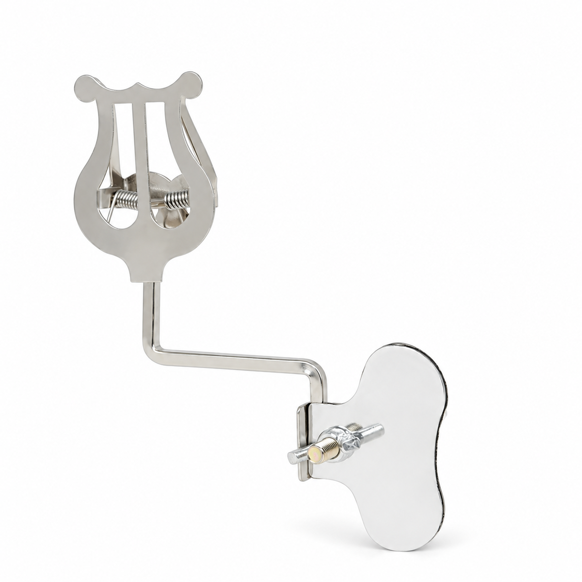 Silver clamp-on music lyre holder on white background