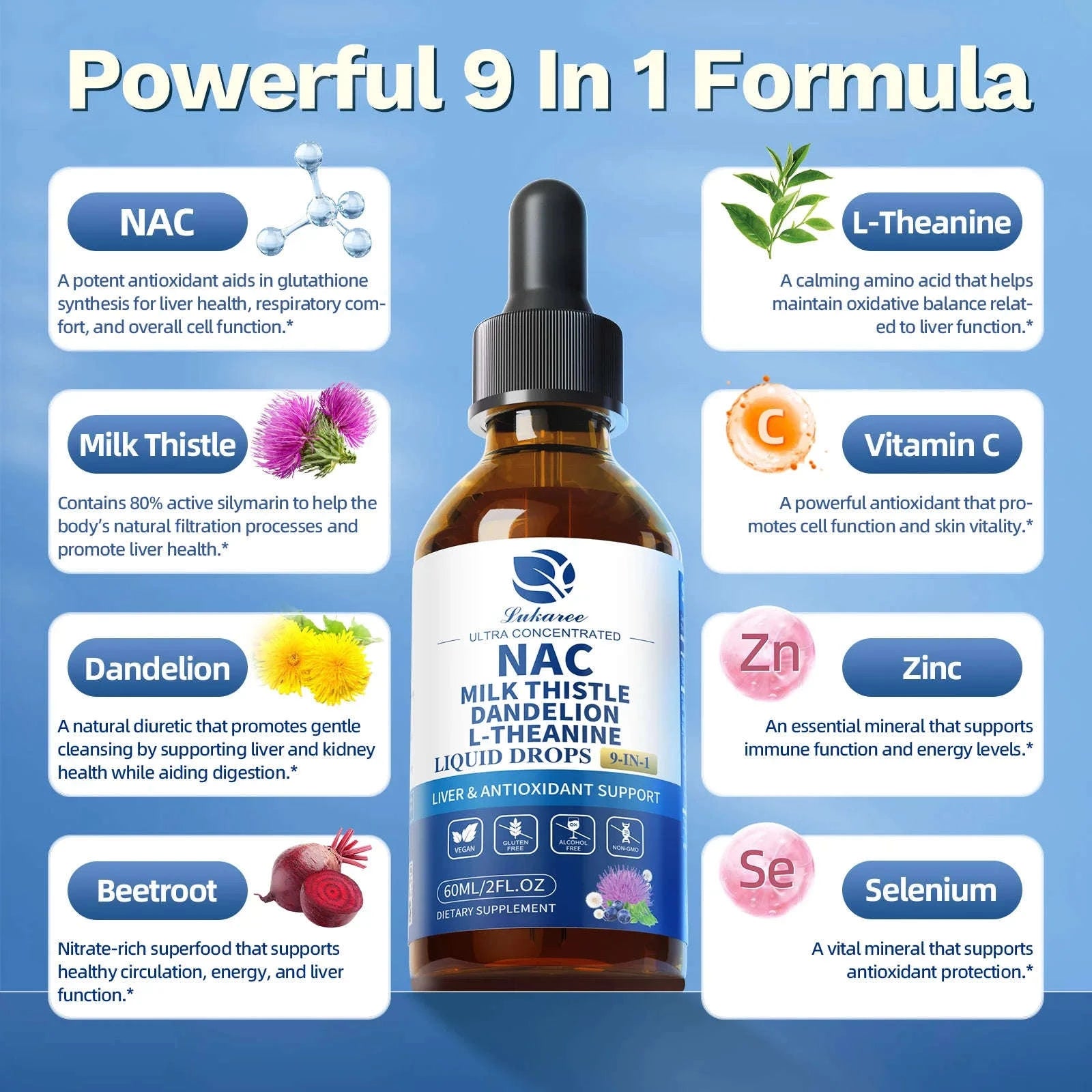 N-Acetyl-L-Cysteine Supplement with Milk Thistle and Selenium-60ml / 3bottles / United States