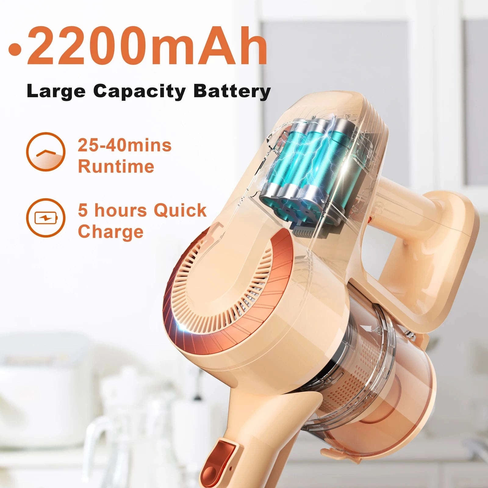 N3P Cordless Stick Vacuum Cleaner, 6 in 1 Lightweight Stick Vacuum, 2200mAh Battery Up to 40mins Runtime(Orange)-Orange / US / United States