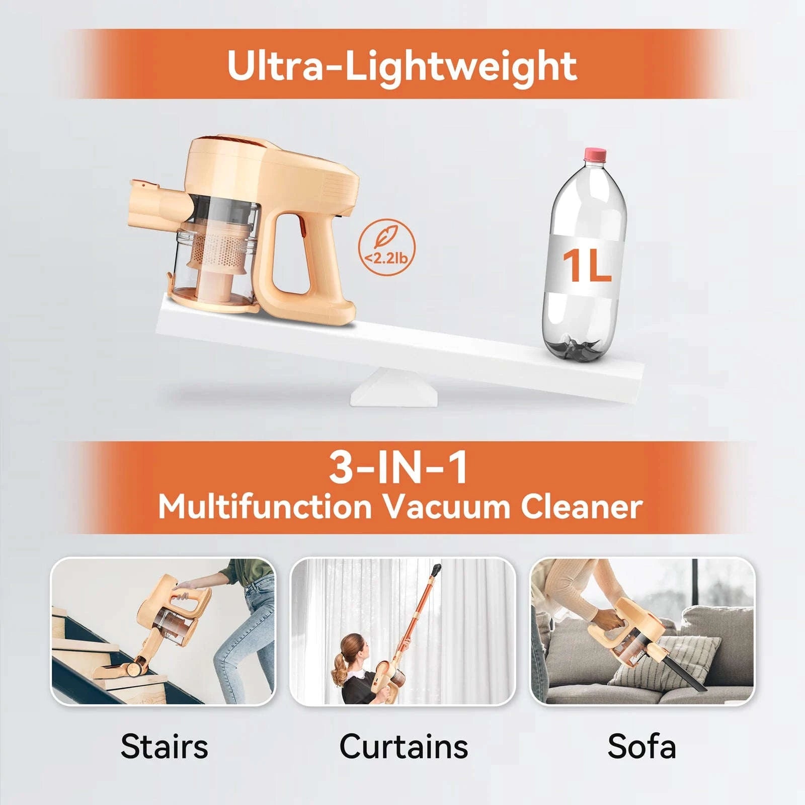 N3P Cordless Stick Vacuum Cleaner, 6 in 1 Lightweight Stick Vacuum, 2200mAh Battery Up to 40mins Runtime(Orange)-Orange / US / United States