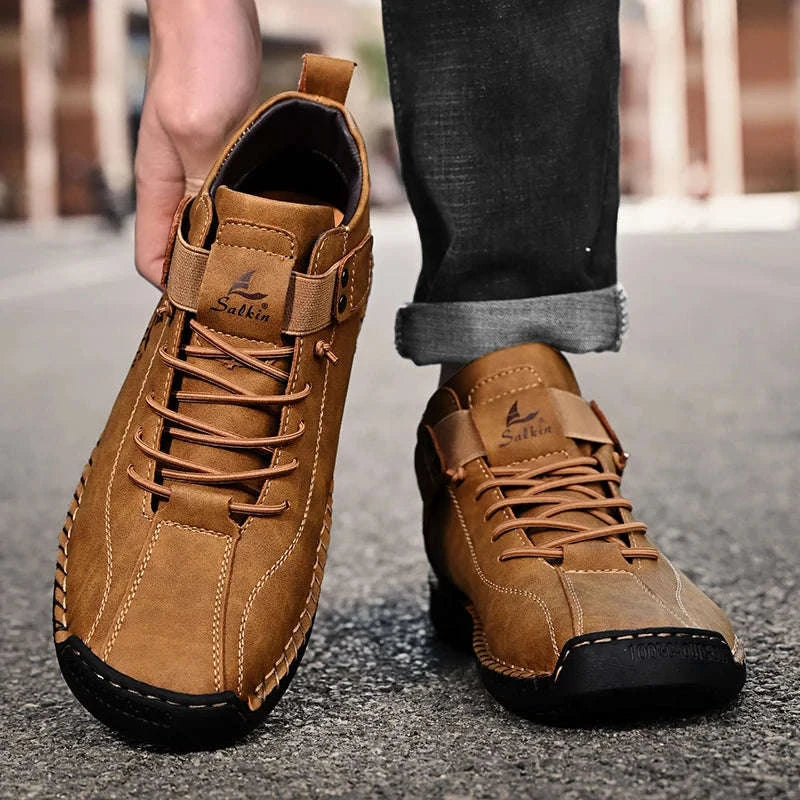 New 2025 Handmade Leather Casual Men Shoes Design Sneakers Man Breathable Leather Shoes Men Ankle Boots Outdoor-Red / 39