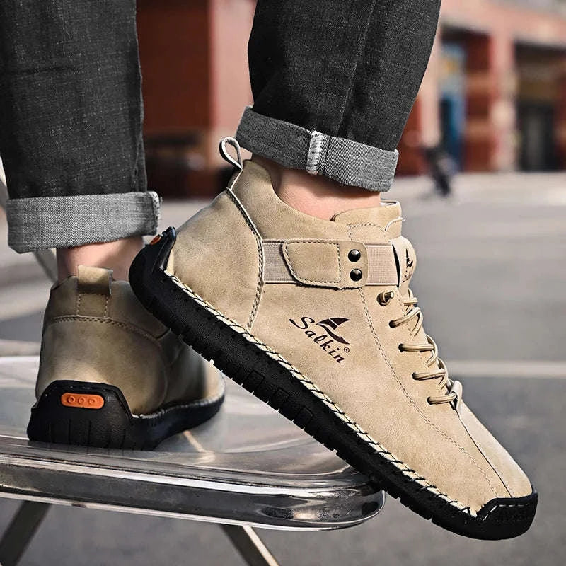 New 2025 Handmade Leather Casual Men Shoes Design Sneakers Man Breathable Leather Shoes Men Ankle Boots Outdoor-Red / 39