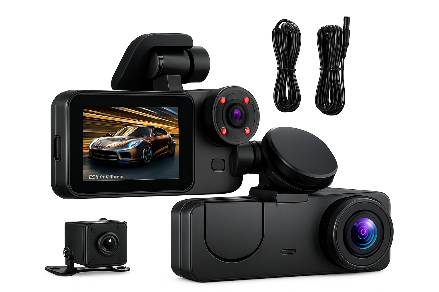 1080P WiFi Dash Cam with 3 Cameras, Night Vision & Parking Monitor