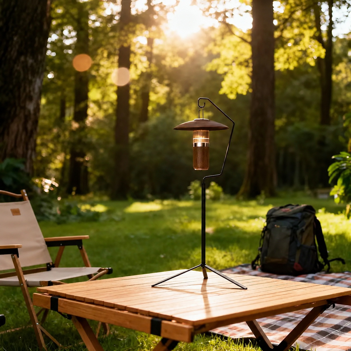 Camping lantern stand in use on a table; lantern and table not included