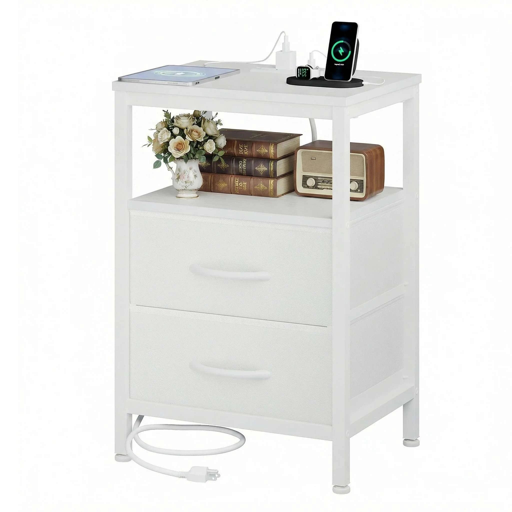 Nightstand with Charging Station, 2 Fabric Drawers & Shelf-black / United States