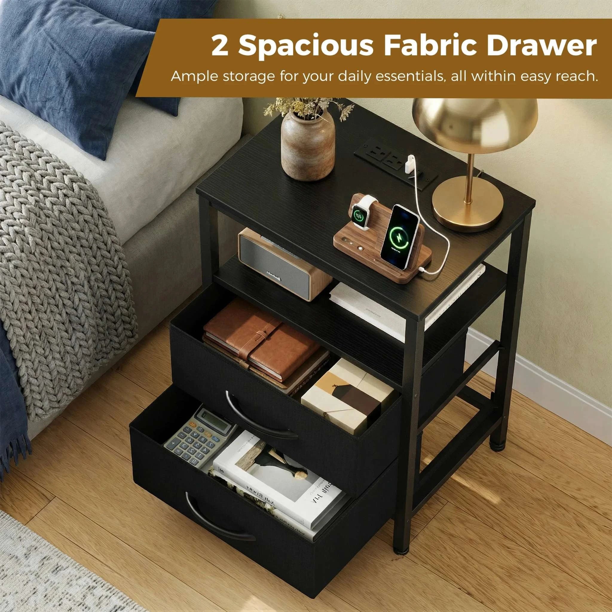 Nightstand with Charging Station, 2 Fabric Drawers & Shelf-black / United States
