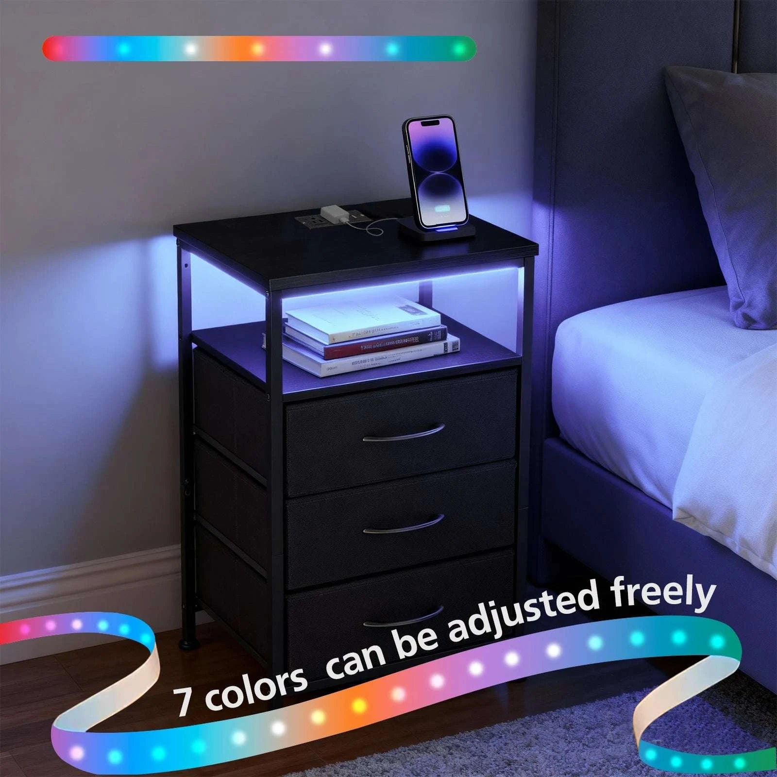 Nightstand with Charging Station, LED Light & 3 Fabric Drawers-black / United States