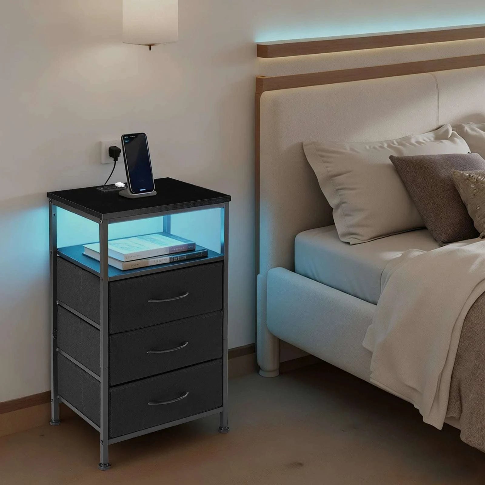 Nightstand with Charging Station, LED Light & 3 Fabric Drawers-black / United States