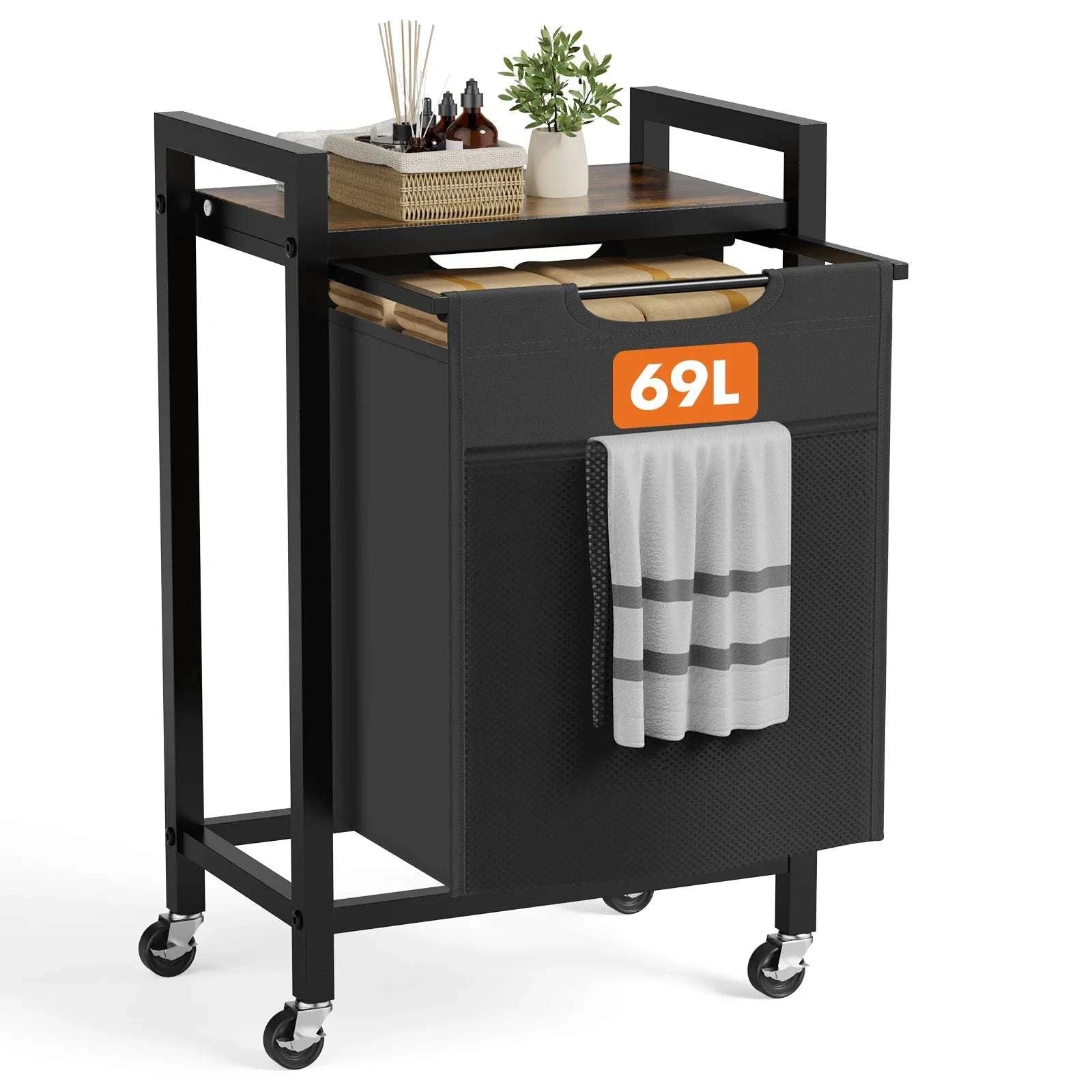 Nightstand with Charging Station, LED Lights & Fabric Drawers-Rust / United States